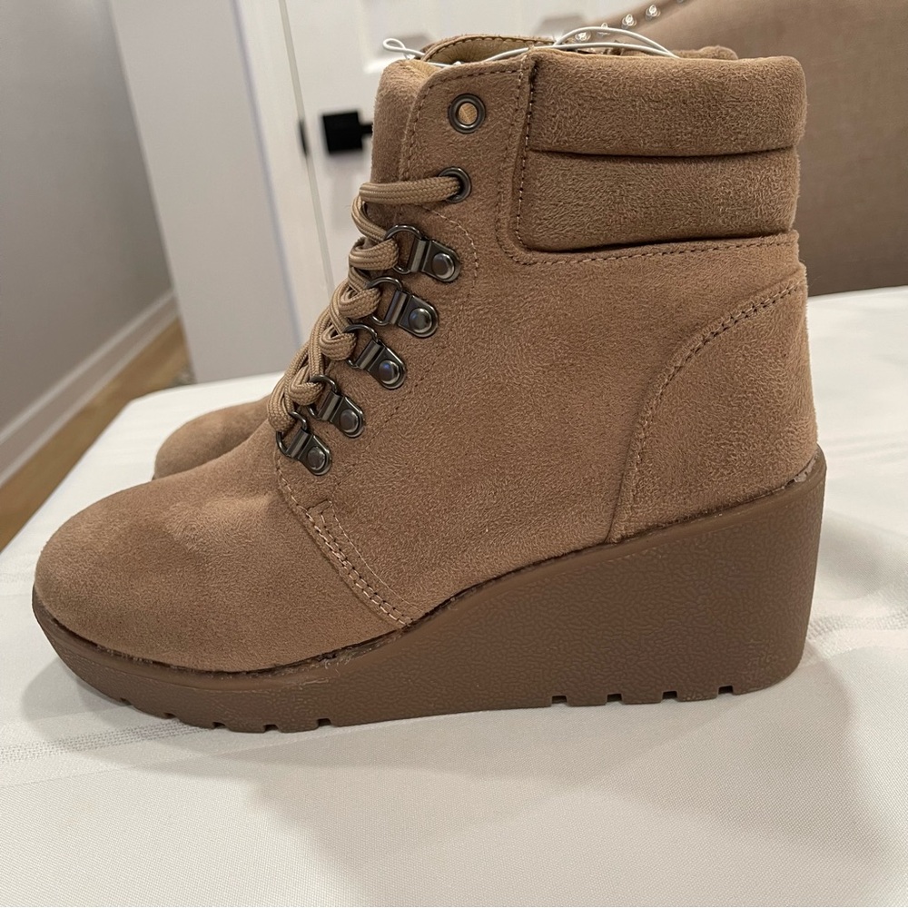 Tan Lace-Up Wedge Boots NWOT